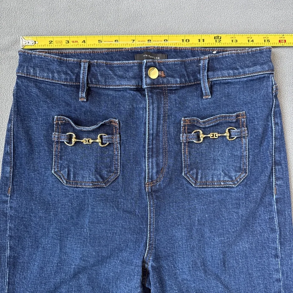 Ann Taylor Flare Jeans High Rise Patch Pocket Horsebit Stretch Size 10‎ Blue